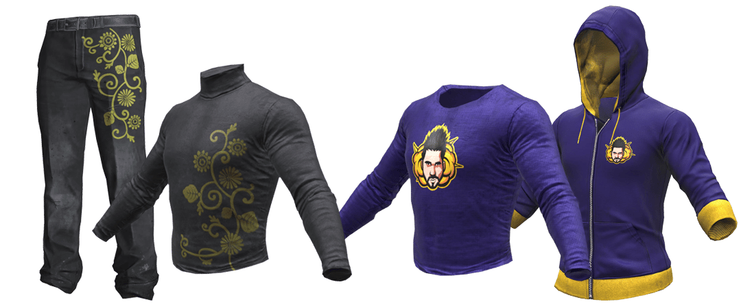 Arte oficial de los cosméticos de la Broadcaster Royale de 2018; la camiseta y la sudadera moradas de Pava están a la derecha